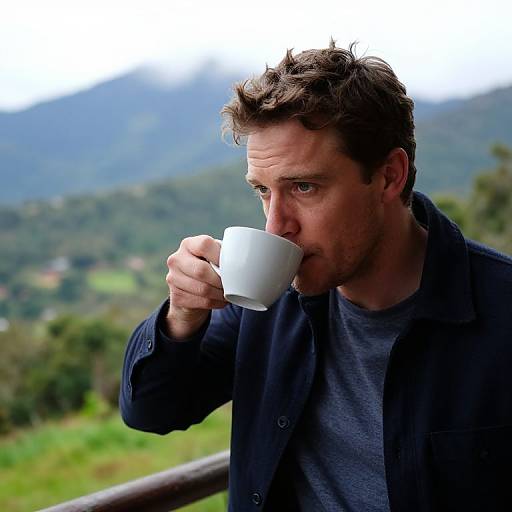 Photograph of a man with short brown hair, wearing a dark blue shirt and navy jacket, sipping from a white cup, set against a blurred