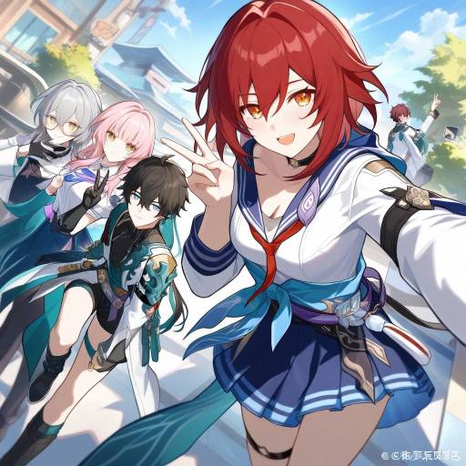 Dynamic Group Selfie with Stylish Characters