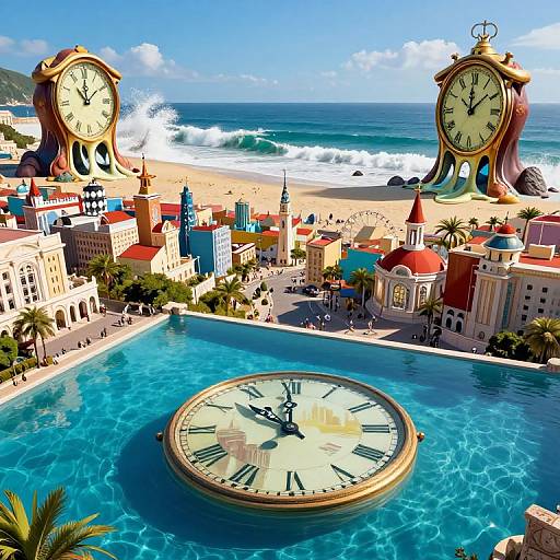 Vibrant digital artwork of a beach town with three oversized clocks, one in the pool, colorful buildings, and a sunny ocean backdrop.
