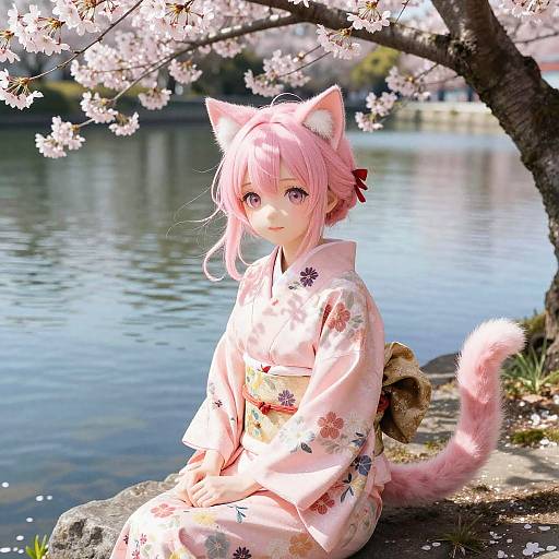 Anime-style girl with pink hair, cat ears, and tail, wearing a floral kimono, sits by a serene cherry blossom tree by a lake.