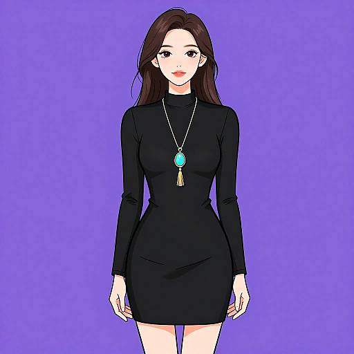 Digital anime-style drawing of a slender woman with long brown hair, wearing a tight black dress and a turquoise pendant, against a solid purple background.