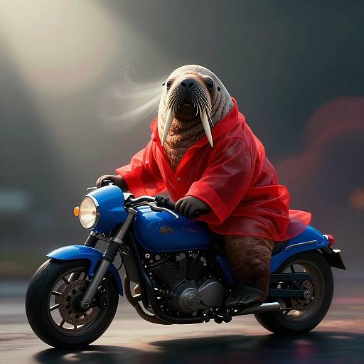 Photorealistic Walrus on Blue Motobike