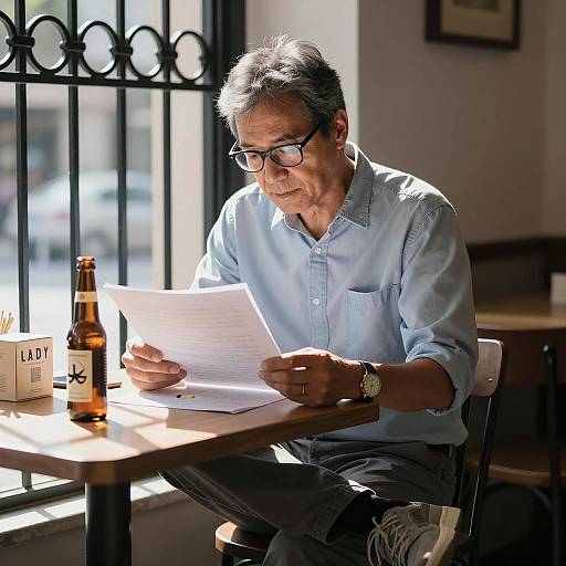 Focused Man with Beer and Card