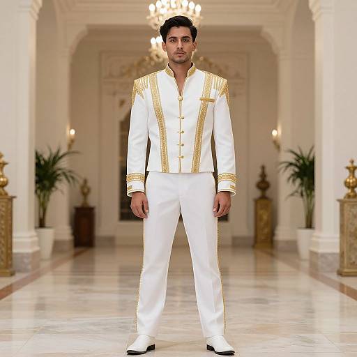 Photograph of a man with short black hair in a white, gold-trimmed traditional suit, standing in an elegant, marble-floored hallway