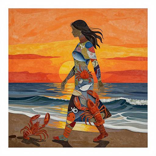 Vibrant digital art of a tattooed woman with black hair, walking on a beach at sunset, accompanied by a red crab. Orange sky,