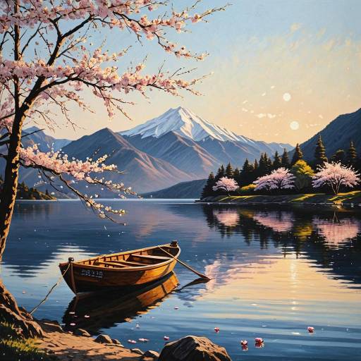 Serene Mountain Lake with Boat and Cherry Blossoms Serene Mountain Lake with Boat and Cherry Blossoms