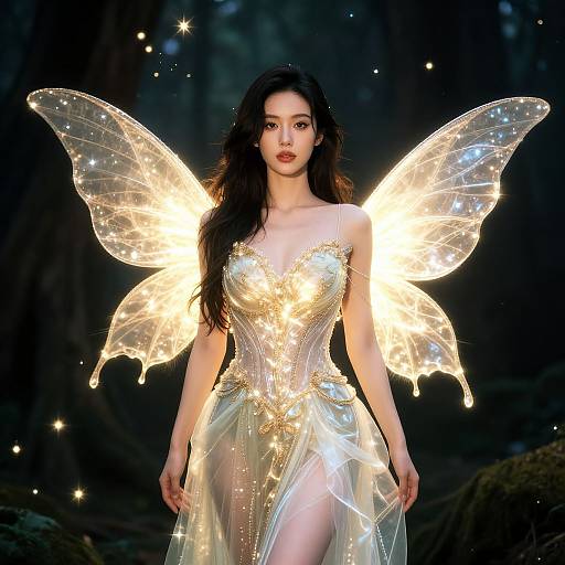 Photorealistic digital art of a fair-skinned, dark-haired fairy woman with glowing, translucent wings and sparkling, gold-embellished dress in