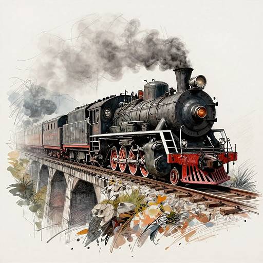Colorful digital drawing of a vintage black steam locomotive with red wheels, emitting gray smoke, crossing a stone bridge over tracks.