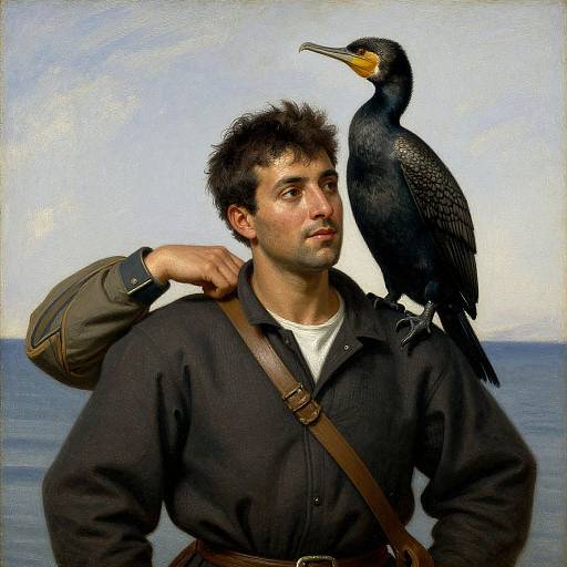 Photorealistic painting: Young man with dark hair, black shirt, and brown strap, stands beside a black cormorant with yellow throat patch