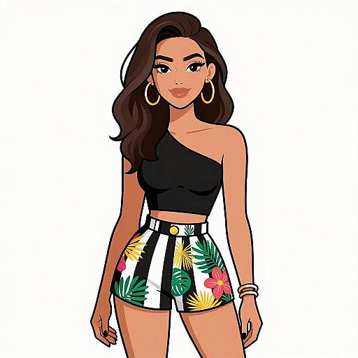 Trendy Woman in Floral and Striped Shorts