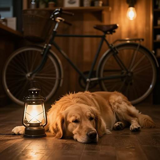 Photograph of a golden retriever lying on dark wooden floor, illuminated by a lantern, with a black bicycle in the warm, dimly lit background