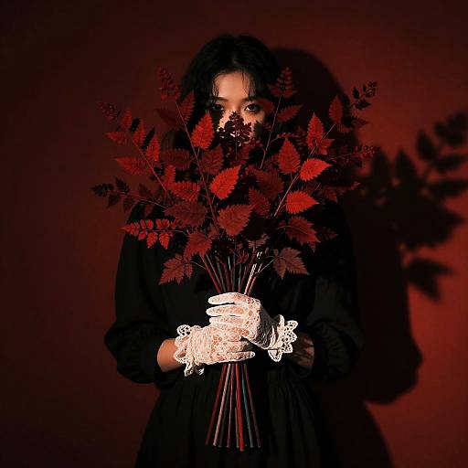 Photograph of a woman in black, holding red ferns with glowing white lace gloves, shadowed against a dark red background.