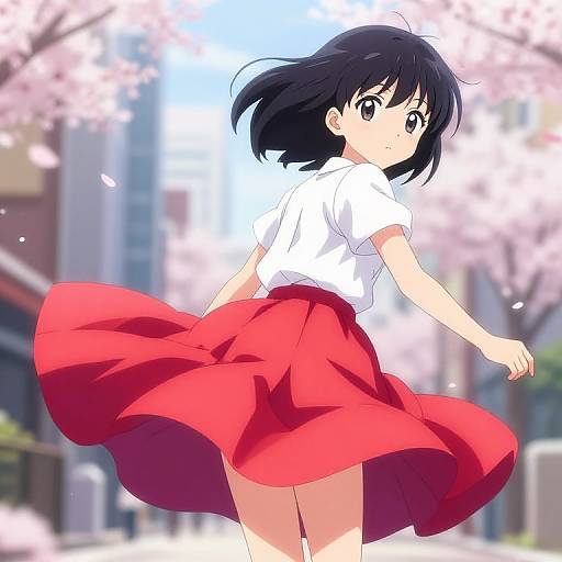 Anime-style digital drawing of a black-haired girl in a white shirt and red skirt, looking back while walking under cherry blossoms.