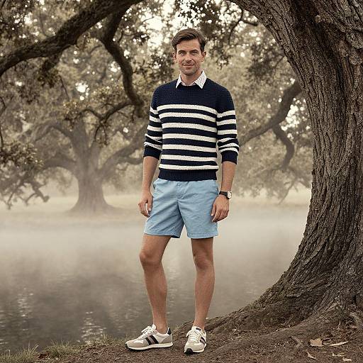 Photograph of a smiling man with short brown hair, wearing a black-and-white striped sweater, light blue shorts, white sneakers, standing by a tree