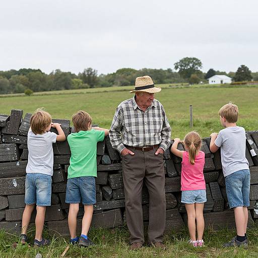 Old Man and Children on Farm Wall