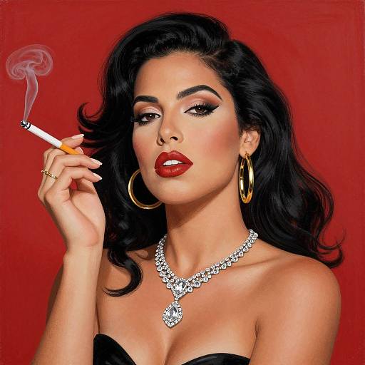 Photograph of a glamorous woman with dark hair, red lipstick, gold hoop earrings, and a diamond necklace, smoking a cigarette against a red background.