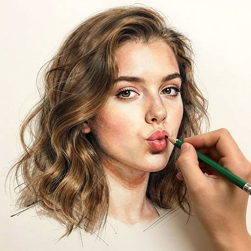 Digital sketch of a young woman with wavy brown hair, full lips, and light skin, applying red lipstick with a green pencil. White background.