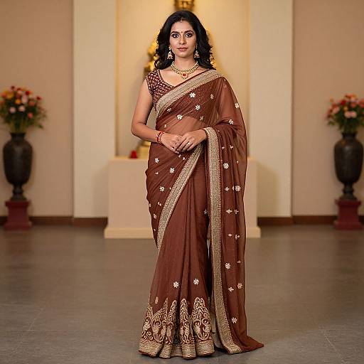 Photograph of a beautiful South Asian woman with dark curly hair, wearing a brown saree with gold embroidery, standing confidently on a runway, adorned with