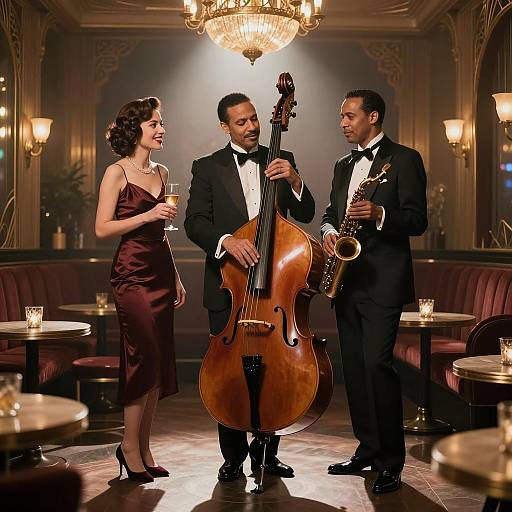 Vintage Jazz Duo and Elegant Woman in Art-Deco Lounge