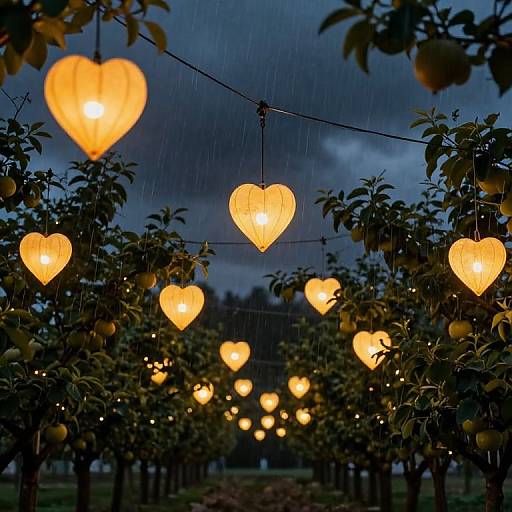 Photograph of heart-shaped, glowing lanterns hanging in a rainy orchard, illuminating dark green apple trees against a stormy blue sky.