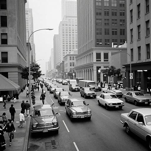 Black-and-white photograph of a busy urban street with multiple cars, pedestrians, and tall buildings. City traffic and architecture dominate the scene.
