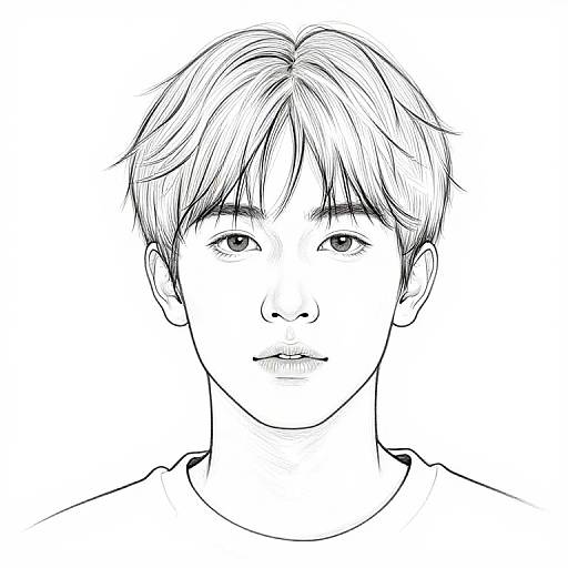 Black-and-white digital line drawing of a young man with short, slightly messy hair, neutral expression, and simple shirt, centered against a blank background.