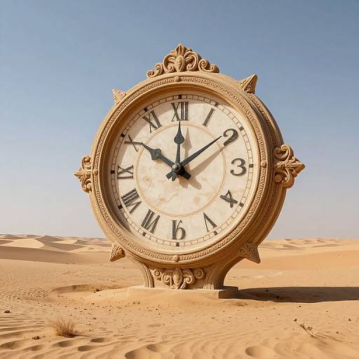 Photograph of an ornate, antique-style clock with Roman numerals, standing in a vast, sunlit desert with clear blue sky.
