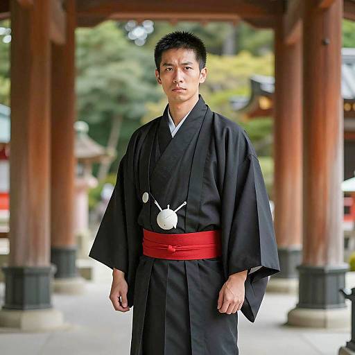 Asian Man in Traditional Black Kimono at Temple