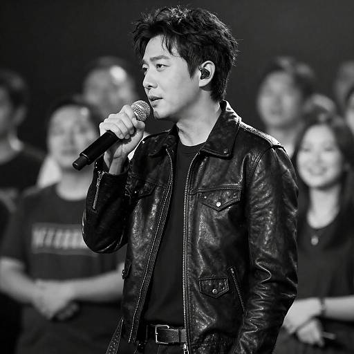 Male Singer in Black Leather Jacket Performing