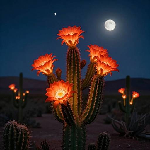 Photograph of a moonlit desert night with a cactus in the foreground, glowing orange flowers illuminated by moonlight, and a full moon in the