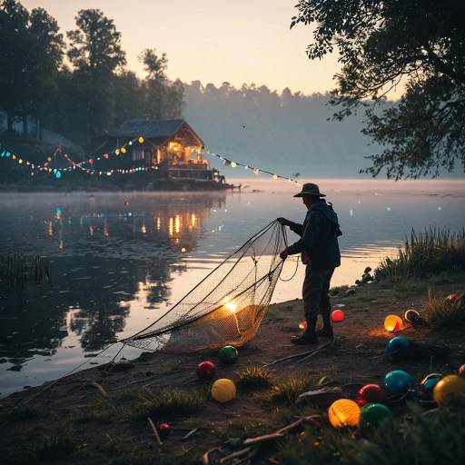 Fisherman Casting Net at Misty Lakeside at Dawn