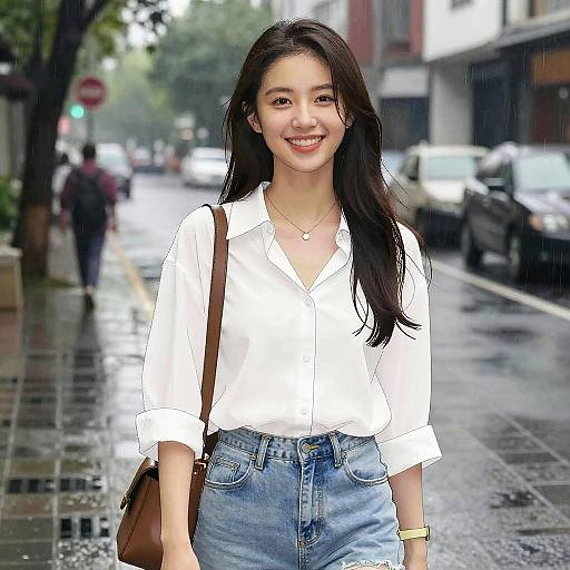 Photograph of a smiling young Asian woman with long black hair, wearing a white button-up shirt, blue jeans, and brown shoulder bag, standing on