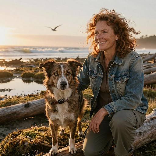 Botanist and Dog in Coastal Landscape
