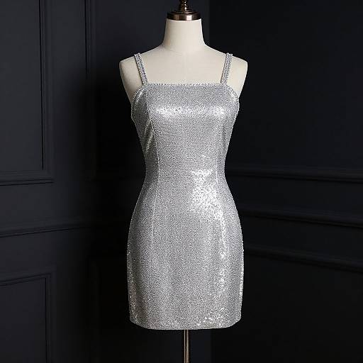 Photograph of a silver, sequined, sleeveless dress on a white dress form against a dark, paneled background.
