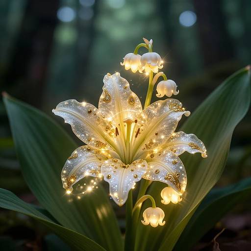 Photograph of a glowing white lily with sparkling dew drops and illuminated bell-shaped flowers, set against a dark, blurred forest background.