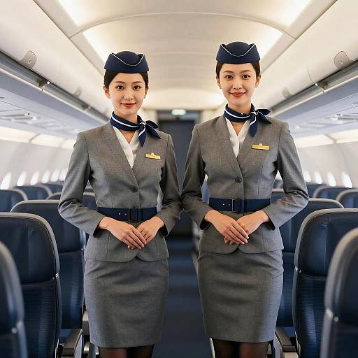 Photograph of two smiling female flight attendants in grey uniforms and navy hats, standing in a brightly lit airplane aisle.
