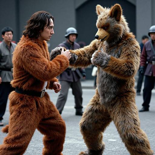 Photograph of two people in realistic fur costumes, one brown and one gray, engaging in a hand-to-hand combat pose, with blurred onlookers
