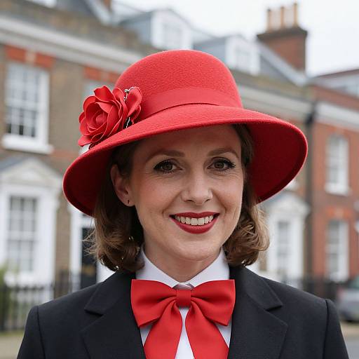 Photograph of a smiling woman with fair skin, wearing a bright red hat adorned with a flower, black blazer, and matching red bow tie,
