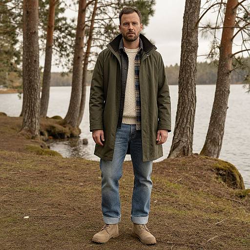 Photograph of a bearded man with short dark hair, wearing a green coat, white sweater, blue jeans, and beige boots, standing on a