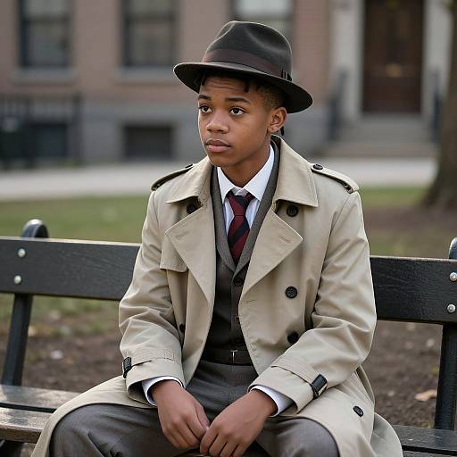 Photograph of a young Black boy in a beige trench coat, brown fedora, gray suit, white shirt, and red tie, sitting on a