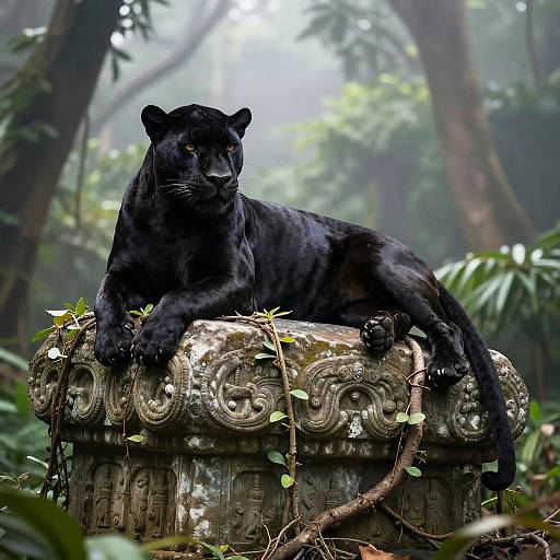 Photograph of a sleek, black jaguar lounging on an ornate, weathered stone chest in a misty, dense jungle.