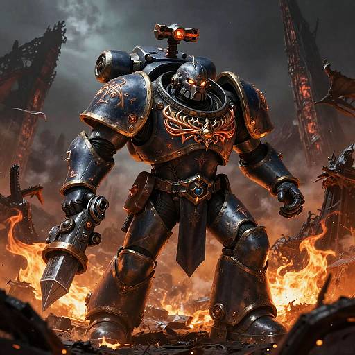 Digital artwork of a muscular, armored robot with glowing red eyes and ornate chest emblem, standing amidst fiery ruins, surrounded by dark, ruined structures.