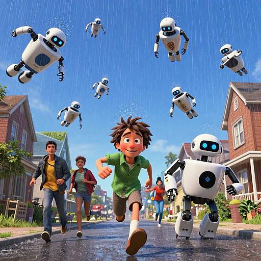 CGI image: Cheerful boy in green shirt runs on rainy suburban street, chased by white robots with blue eyes, surrounded by other children. Bright