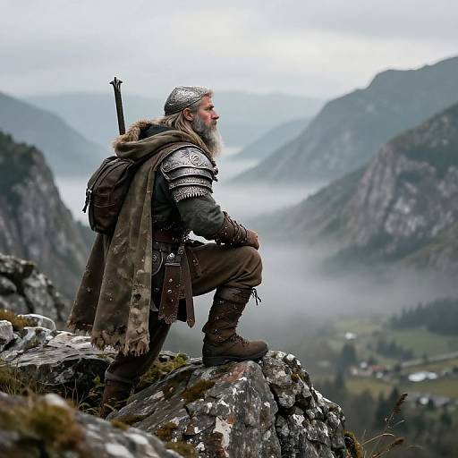 Medieval warrior with white beard, silver helmet, and armored cloak stands on rocky mountain peak, overlooking misty valley, holding sword. Photorealistic
