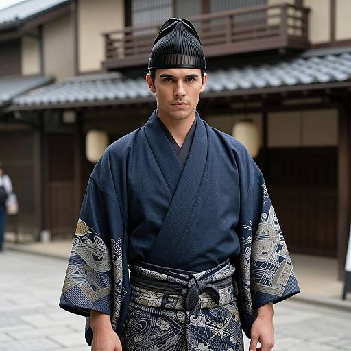 Photograph of a young Asian man in a navy blue kimono with intricate patterns, black beanie, standing in front of traditional Japanese wooden buildings.