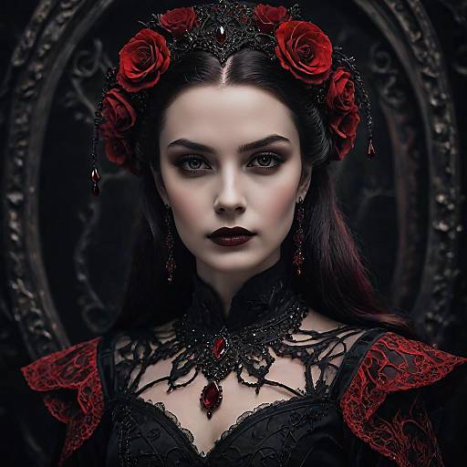 Gothic-style photograph of a pale woman with black hair, wearing a red and black lace corset dress, ornate black gloves, and a