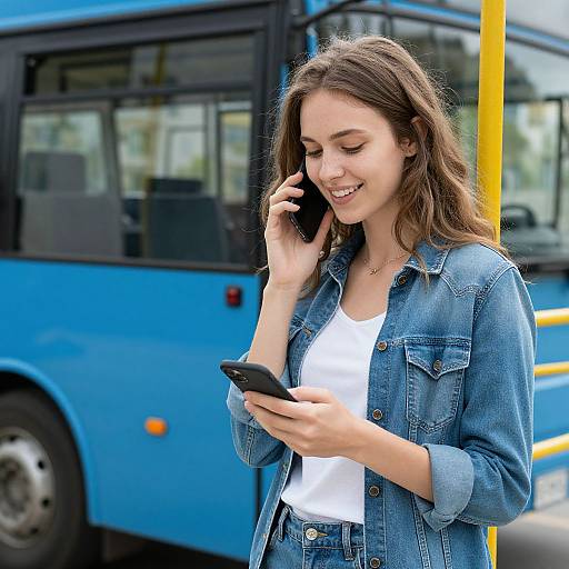 Woman Using Mobile Near Bus
