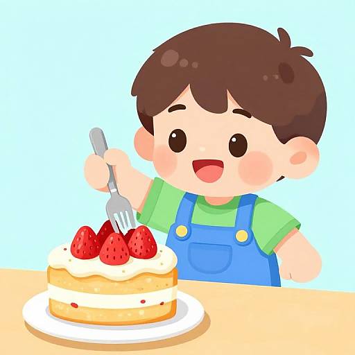 Cute cartoon boy with brown hair, green shirt, and blue overalls, excitedly eats cake with strawberries using a fork. Bright background.