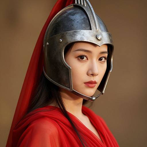 Photograph of an Asian woman in medieval armor, wearing a red cloak and helmet, with soft light and blurred brown background.