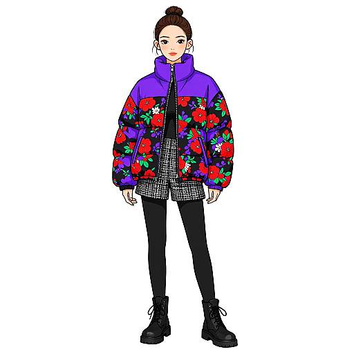 Streetwear Woman in Floral Puffer Jacket